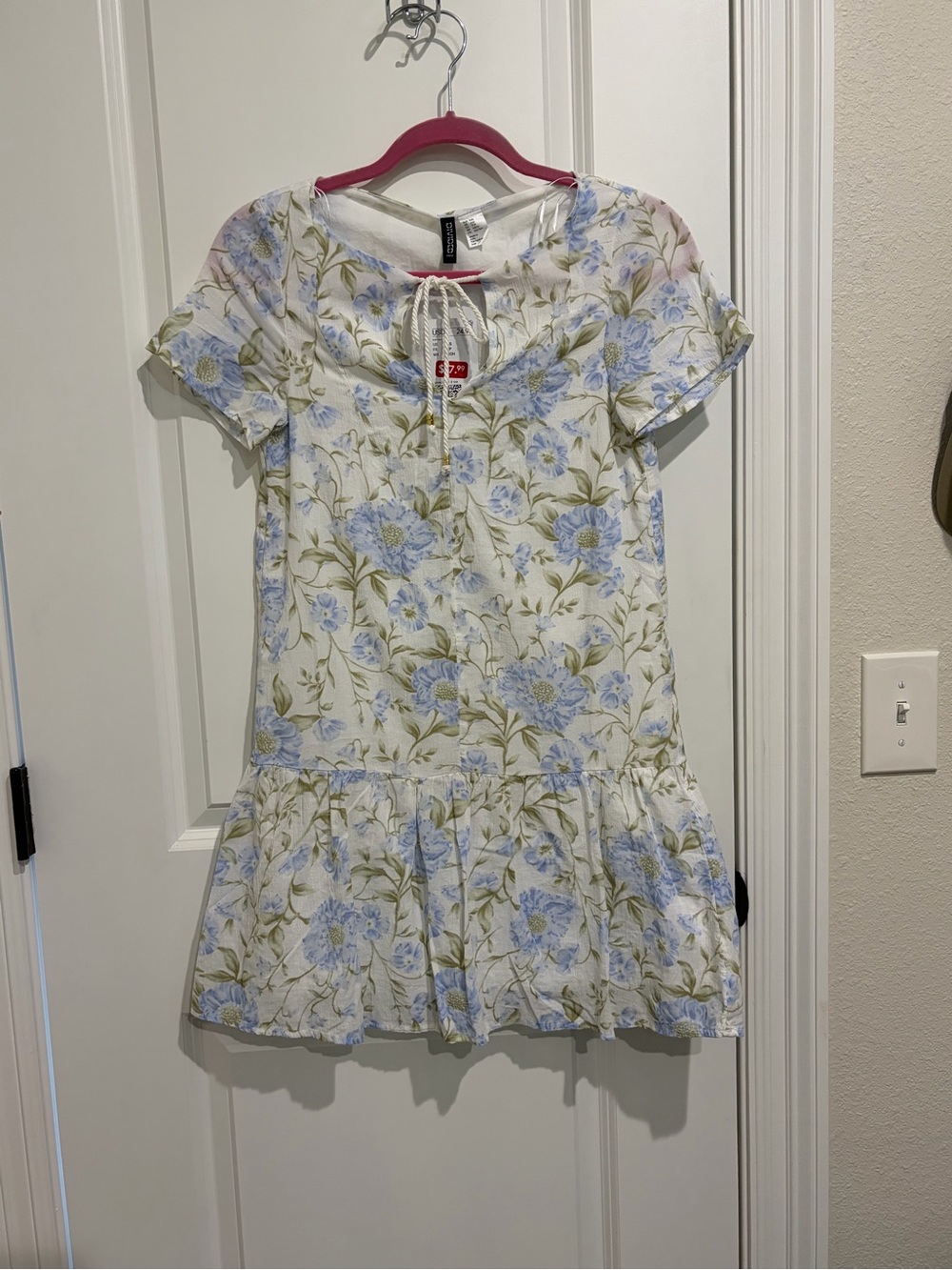 Divided Cream Dress with Light Blue Floral Print
